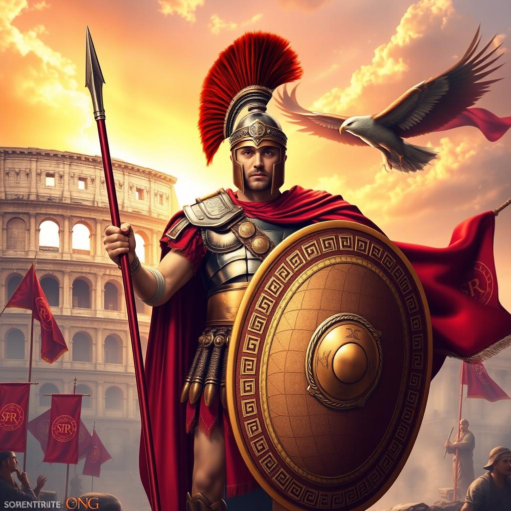 A commanding, heroic Roman soldier stands tall, wearing an ornate helmet with a red plume, gleaming armor, and a cape flowing in the wind