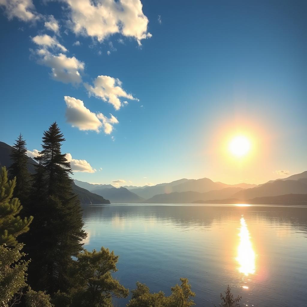 A beautiful, serene landscape featuring a calm lake surrounded by lush green trees and mountains in the background