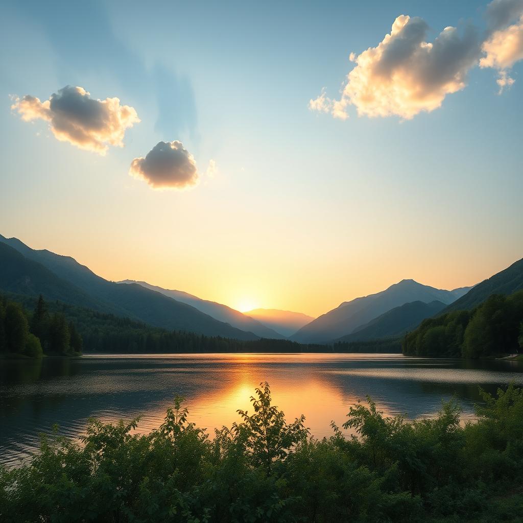 A beautiful, serene landscape featuring a calm lake surrounded by lush green trees and mountains in the background