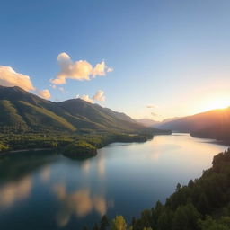 A beautiful, serene landscape featuring a calm lake surrounded by lush green trees and mountains in the background