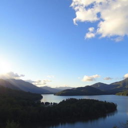 A beautiful, serene landscape featuring a calm lake surrounded by lush green trees and mountains in the background