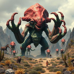En un mundo desértico con montañas puntiagudas, hay varias formas de vida orgánicas, algunas humanoides y otras no, con piel de colores saturados y cromados
