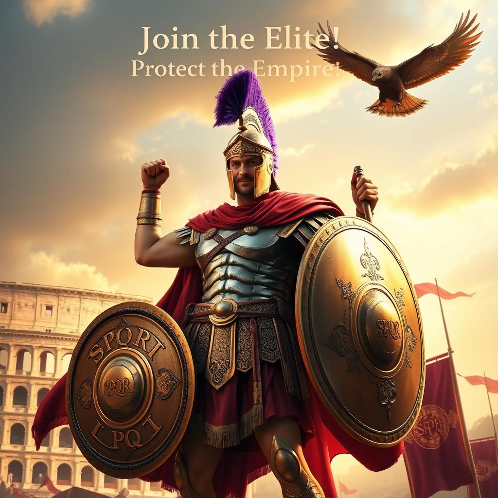 A commanding, heroic Roman soldier stands tall, wearing an ornate helmet with a purple plume, gleaming armor, and a cape flowing in the wind