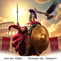 A commanding, heroic Roman soldier stands tall, wearing an ornate helmet with a purple plume, gleaming armor, and a cape flowing in the wind