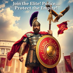 A commanding, heroic Roman soldier stands tall, wearing an ornate helmet with a purple plume, gleaming armor, and a cape flowing in the wind