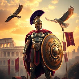 A commanding, heroic Roman soldier stands tall, wearing an ornate helmet with a purple plume, gleaming armor, and a cape flowing in the wind