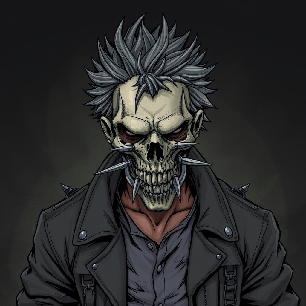 A detailed illustration of a human wearing a grey and tattered jacket, with spiky grey hair, and a skull mask that has spikes near the teeth of the mask