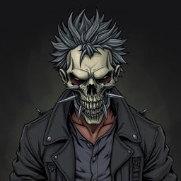 A detailed illustration of a human wearing a grey and tattered jacket, with spiky grey hair, and a skull mask that has spikes near the teeth of the mask