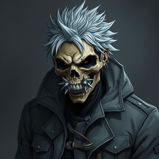 A detailed illustration of a human wearing a grey and tattered jacket, with spiky grey hair, and a skull mask that has spikes near the teeth of the mask