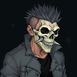 A detailed illustration of a human wearing a grey and tattered jacket, with spiky grey hair, and a skull mask that has spikes near the teeth of the mask