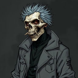 A detailed illustration of a human wearing a grey and tattered jacket, with spiky grey hair, and a skull mask that has spikes near the teeth of the mask