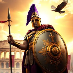 A commanding, heroic Roman soldier stands tall, wearing an ornate helmet with a purple plume, gleaming armor, and a cape flowing in the wind