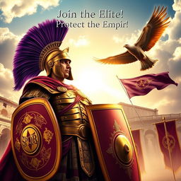 A commanding, heroic Roman soldier stands tall, wearing an ornate helmet with a purple plume, gleaming armor, and a cape flowing in the wind