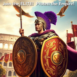 A commanding, heroic Roman soldier stands tall, wearing an ornate helmet with a purple plume, gleaming armor, and a cape flowing in the wind