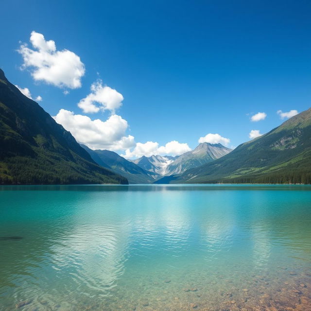 A serene landscape featuring a clear blue lake surrounded by lush green mountains and a bright blue sky with fluffy white clouds