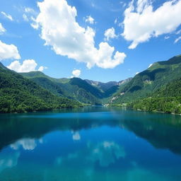 A serene landscape featuring a clear blue lake surrounded by lush green mountains and a bright blue sky with fluffy white clouds