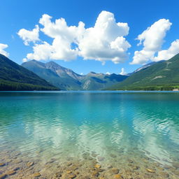 A serene landscape featuring a clear blue lake surrounded by lush green mountains and a bright blue sky with fluffy white clouds