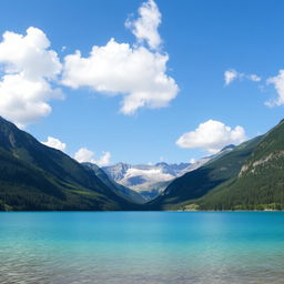 A serene landscape featuring a clear blue lake surrounded by lush green mountains and a bright blue sky with fluffy white clouds