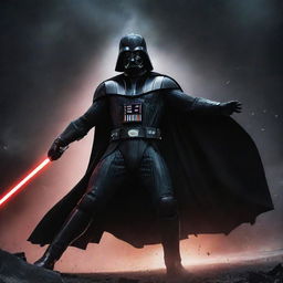 A muscular Darth Vader, tearing through his clothes, while powerfully dismantling a spaceship with raw strength against a dramatic space backdrop.