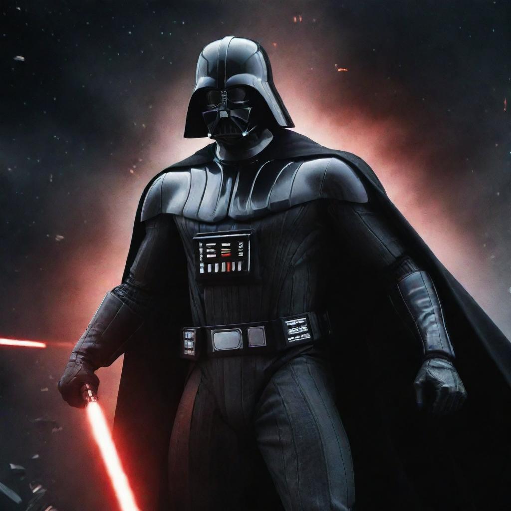 A muscular Darth Vader, tearing through his clothes, while powerfully dismantling a spaceship with raw strength against a dramatic space backdrop.