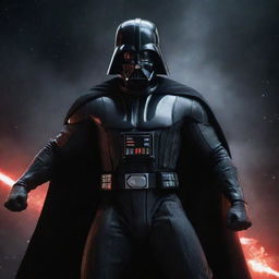 A muscular Darth Vader, tearing through his clothes, while powerfully dismantling a spaceship with raw strength against a dramatic space backdrop.