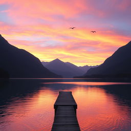 Create an image of a beautiful sunrise over a serene lake surrounded by mountains