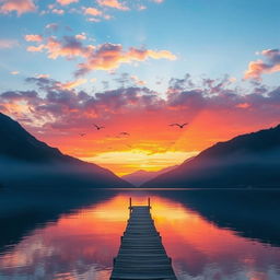 Create an image of a beautiful sunrise over a serene lake surrounded by mountains