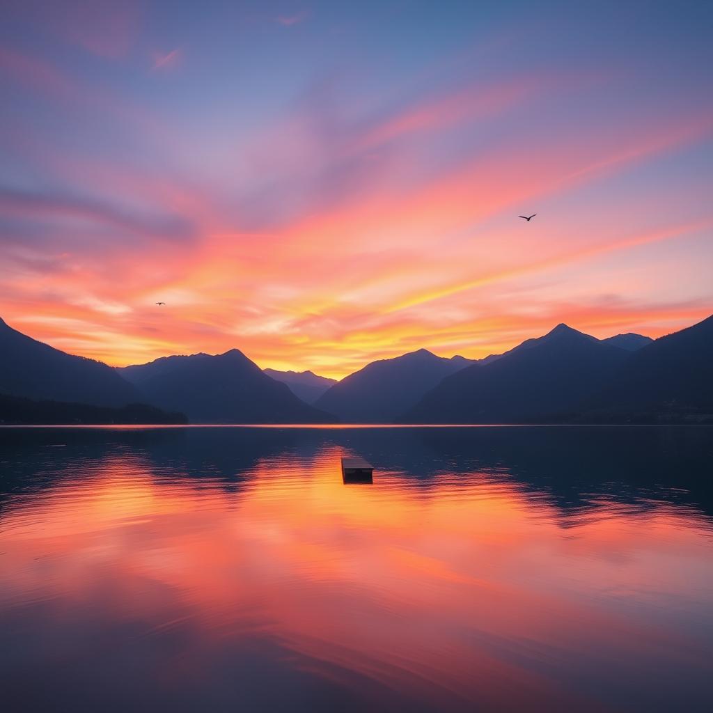 Create an image of a beautiful sunrise over a serene lake surrounded by mountains