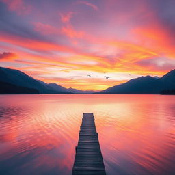 Create an image of a beautiful sunrise over a serene lake surrounded by mountains