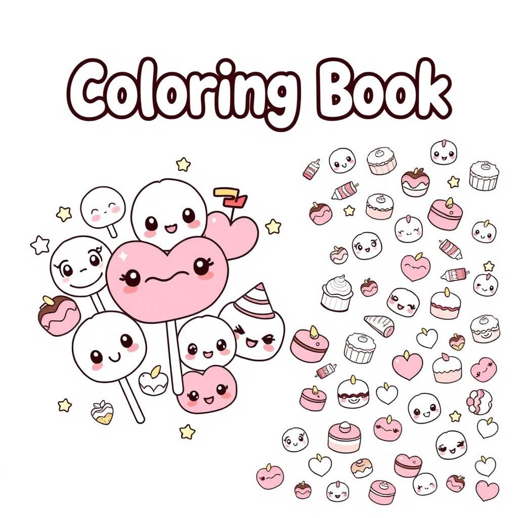 Create a front and back cover for a kawaii-style coloring book featuring cute, pastel-colored sweets like lollipops, chocolates, and cakes, all with big smiling faces and sparkling eyes