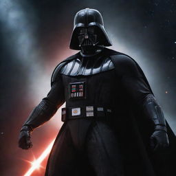 A muscular Darth Vader, tearing through his clothes, while powerfully dismantling a spaceship with raw strength against a dramatic space backdrop.