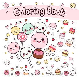 Create a front and back cover for a kawaii-style coloring book featuring cute, pastel-colored sweets like lollipops, chocolates, and cakes, all with big smiling faces and sparkling eyes