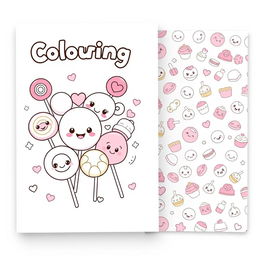 Create a front and back cover for a kawaii-style coloring book featuring cute, pastel-colored sweets like lollipops, chocolates, and cakes, all with big smiling faces and sparkling eyes