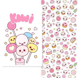 Create a front and back cover for a kawaii-style coloring book featuring cute, pastel-colored sweets like lollipops, chocolates, and cakes, all with big smiling faces and sparkling eyes