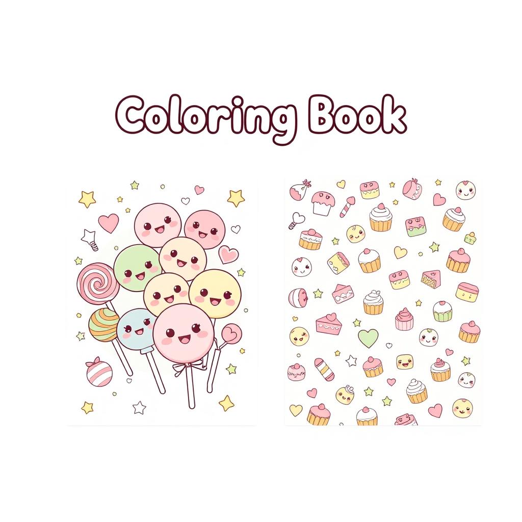 Design a front and back cover for a kawaii-style coloring book featuring cute, pastel-colored sweets like lollipops, chocolates, and cakes