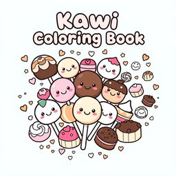 Design a front and back cover for a kawaii-style coloring book featuring cute, pastel-colored sweets like lollipops, chocolates, and cakes