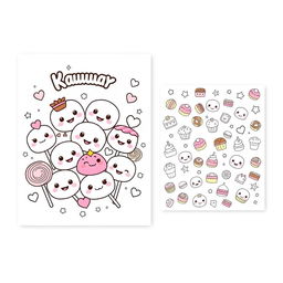 Design a front and back cover for a kawaii-style coloring book featuring cute, pastel-colored sweets like lollipops, chocolates, and cakes