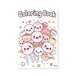 Design a front and back cover for a kawaii-style coloring book featuring cute, pastel-colored sweets like lollipops, chocolates, and cakes