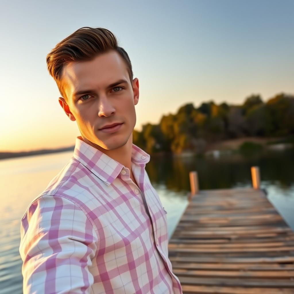 A white man, around 35 years old, with a model-like appearance, short dark hair, and light-colored eyes