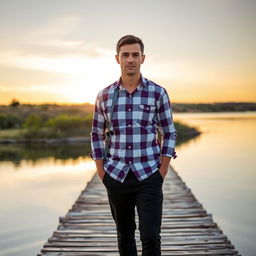 A white man, around 35 years old, with a model-like appearance, short dark hair, and light-colored eyes