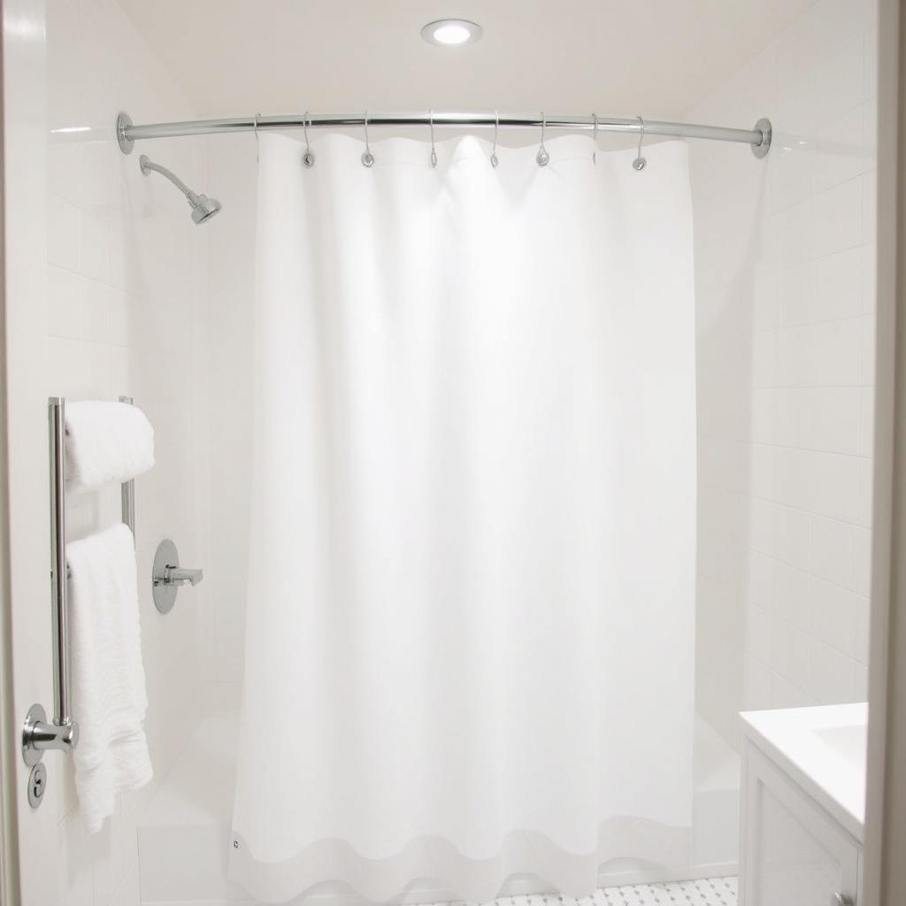 A white shower curtain in a hotel bathroom