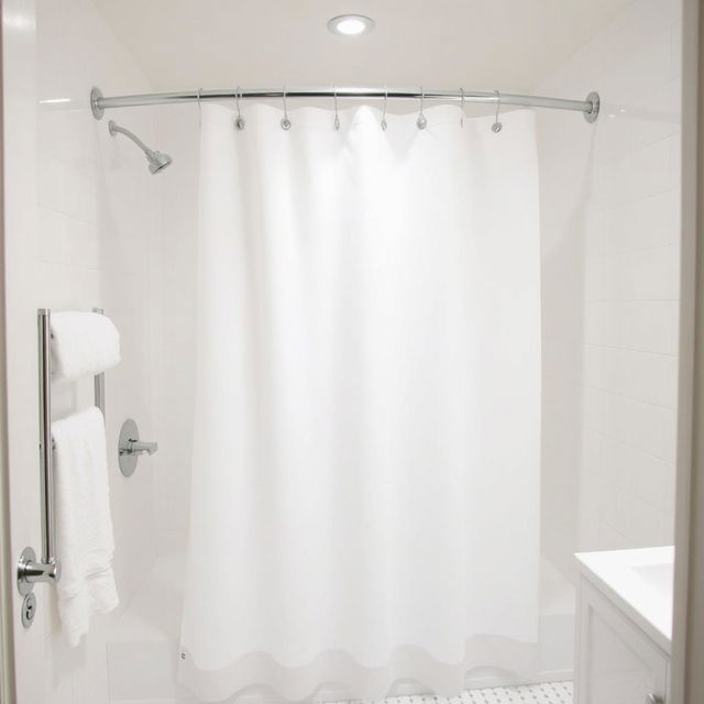 A white shower curtain in a hotel bathroom