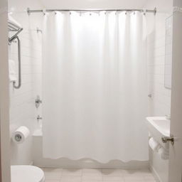 A white shower curtain in a hotel bathroom