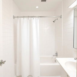 A white shower curtain in a hotel bathroom