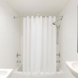 A white shower curtain in a hotel bathroom