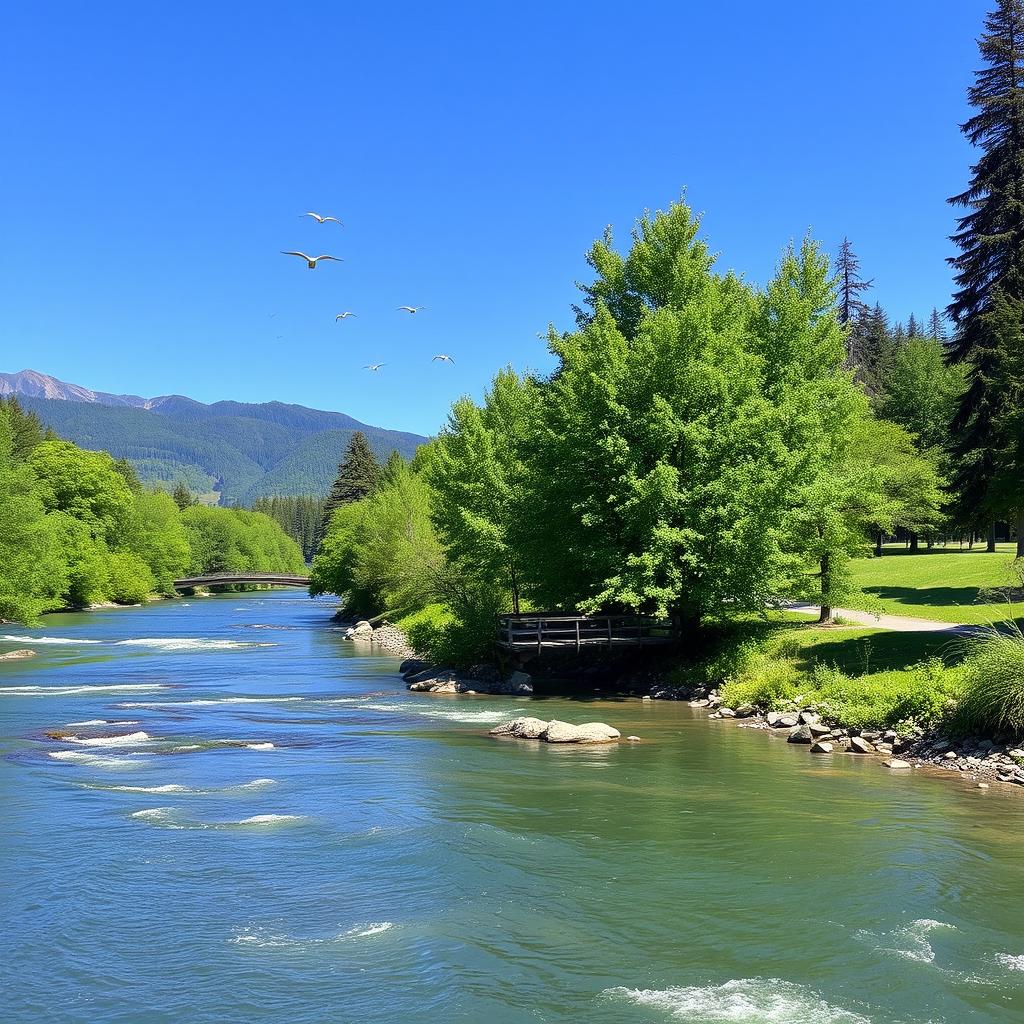 A serene landscape featuring a clear blue sky, a gently flowing river surrounded by lush green trees, and a distant mountain range