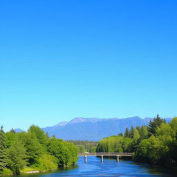 A serene landscape featuring a clear blue sky, a gently flowing river surrounded by lush green trees, and a distant mountain range