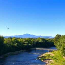 A serene landscape featuring a clear blue sky, a gently flowing river surrounded by lush green trees, and a distant mountain range