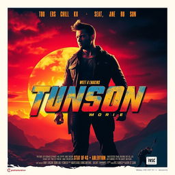 A vibrant and captivating movie poster featuring a heroic character standing against a dramatic sunset backdrop, with bold and dynamic typography for the movie title