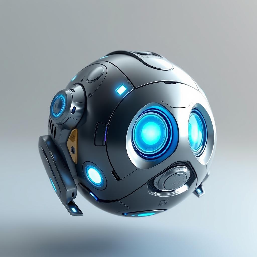 A futuristic robot shaped like a sphere, with sleek metallic surfaces and glowing blue lights